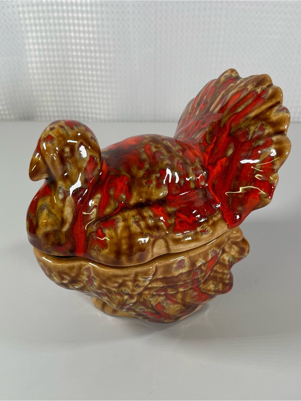 Vintage 1970s Ceramic Thanksgiving Turkey Candy Dish - Red and Brown